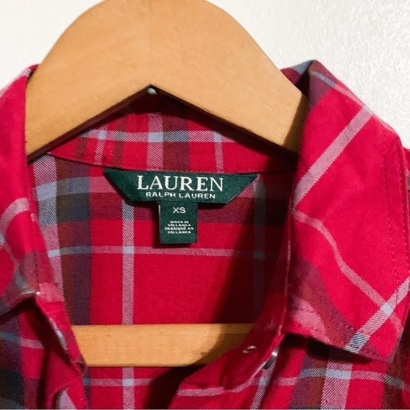 Lauren Ralph Lauren Red Plaid Flared Bell 3/4 Sleeve Button Down Blouse Sz XS - Picture 3 of 5